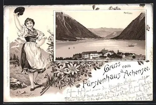 Lithographie Pertisau am Achensee, Sicht zum Fürstenhaus, Dame in Tracht