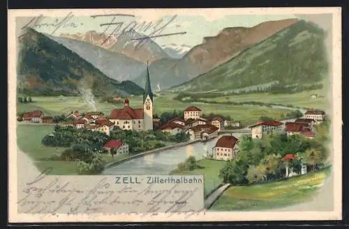 Lithographie Zell am Ziller, Ortsansicht mit Kirche aus der Vogelschau