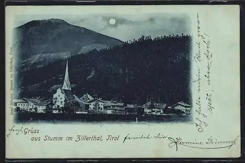 Mondschein-AK Stumm im Zillerthal, Ortspanorama mit Kirche, Berg und Wald