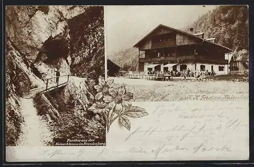 AK Brandenberg, Gasthaus K. K. Försterei Kaiserhaus, Kaiserklamm-Partie mit Brücke