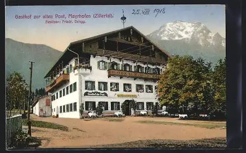 AK Mayrhofen /Zillertal, Gasthof zur alten Post mit Bergpanorama