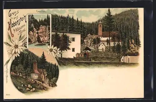 Lithographie Kössen, Wallfahrtsanlage Maria Klobenstein mit Entenloch