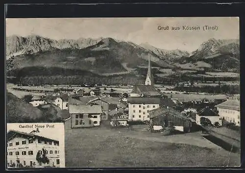 AK Kössen, Gasthof Neue Post, Ortsansicht mit Gebirge