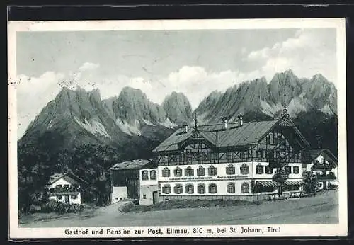 AK Ellmau, Partie am Gasthof & Pension zur Post mit Gebirge im Hintergrund