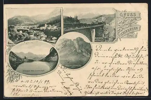 AK Fieberbrunn /Tirol, Moosbachbrücke mit Eisenbahn und Kaiser, Ortsansicht, Wildalpsee mit Schutzhütte