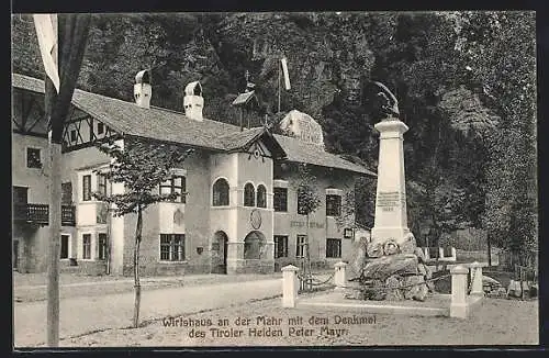 AK Brixen /Tirol, Gaststätte Wirtshaus an der Mahr A. Gasser mit Strasse und Denkmal Peter Mayr