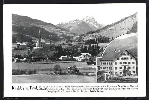 AK Kirchberg /Tirol, Gasthof Bechl J. Daxer, Gesamtansicht mit Gipfelblick