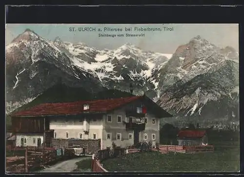 AK St. Ulrich am Pillersee, Gasthaus Strasserwirt mit Blick auf die Steinberge