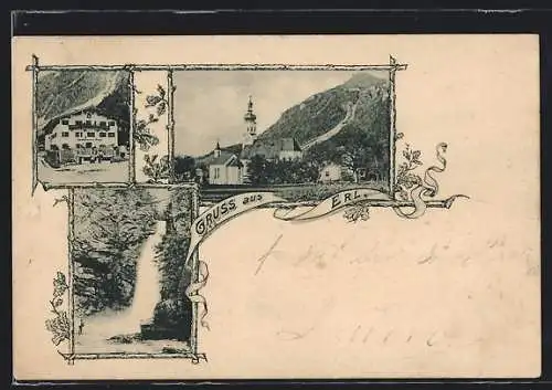 AK Erl, Gasthaus zur Post, Wasserfall, Kirchenpartie