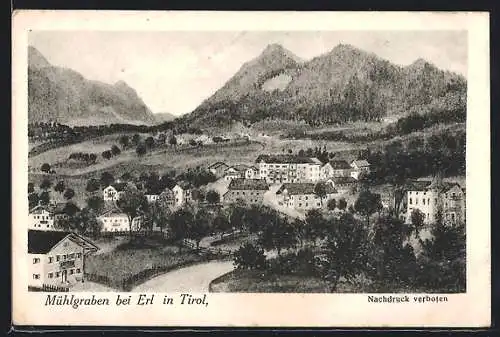 AK Erl in Tirol, Mühlgraben mit Strasse und Bergpanorama aus der Vogelschau