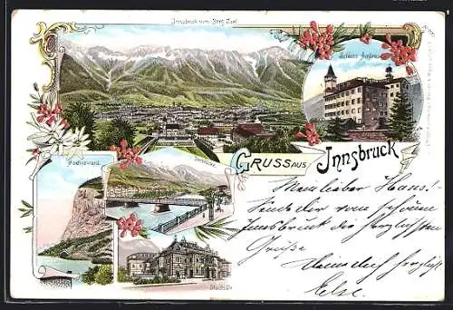 Lithographie Innsbruck, Stadtsäle, Innbrücke, Gesamtansicht vom Berg Isel