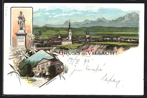 Lithographie Villach, Warmbad, Denkmal Hanns Gasser, Ortsansicht mit Bergpanorama