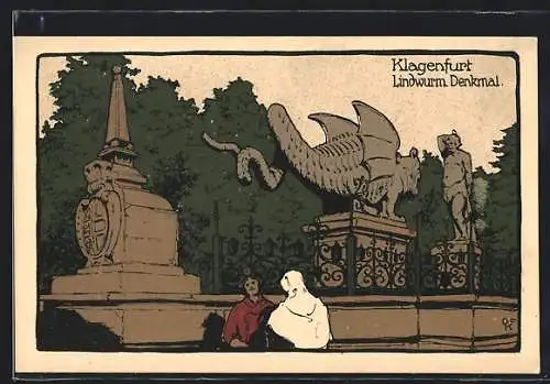 Steindruck-AK Klagenfurt, Lindwurm-Denkmal, Leute