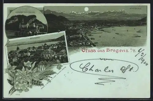 Mondschein-Lithographie Bregenz a. B., Kloster Riedenburg, Teilansicht, Gesamtansicht mit See und Bergkette