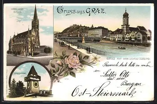 Lithographie Graz, Teilansicht mit dem Schlossberg, Herz Jesu-Kirche, Uhrturm