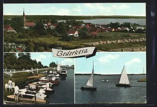 AK Bederkesa, Treetboote am Ufer, Segelboote auf dem See, Ortsansicht