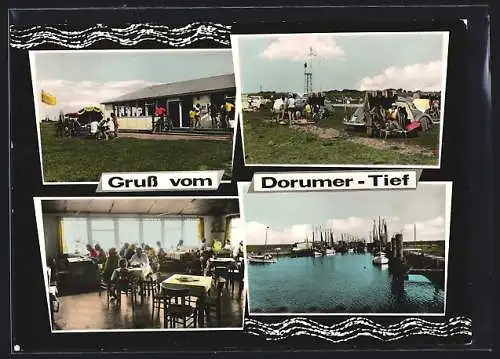 AK Dorum, Der Strand-Pavillon Dorumer-Tief, mit Innenansicht und Camping-Stelle, Kanalpartie