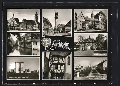 AK Forchheim /Ofr., Bamberger- u. Kaiser Heinrich-Strasse, Rathausplatz, Kaiserpfalz, Nürnberger Tor, Hochhaus