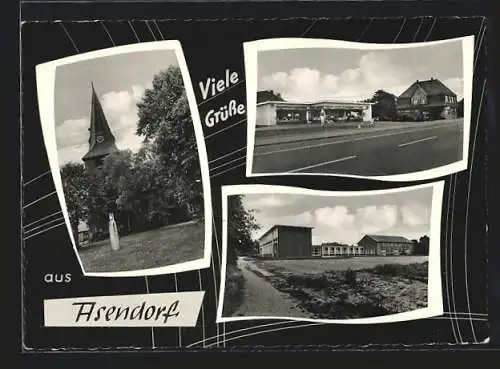 AK Asendorf / Diepholz, Die Kirche, Gemischtwarenhandlung, Schulgebäude