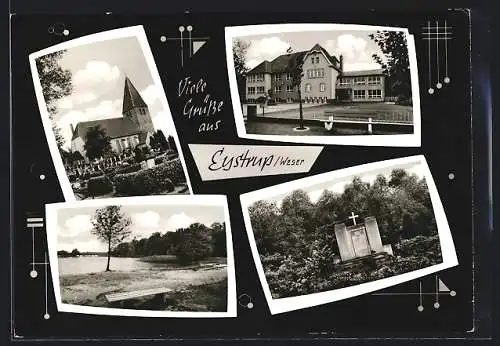 AK Eystrup /Weser, Kirche und Friedhof, Schulgebäude, Denkmal, Flusspartie