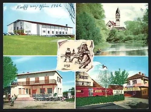 AK Ketsch am Rhein, Bahnhof, Rheinhalle, Vereinshaus TSG