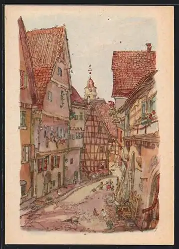 Künstler-AK Leonberg / Württ., Schmalzgasse mit Kindern