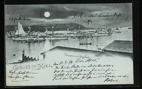 Mondschein-AK Kiel, Panorama vom Kriegshafen