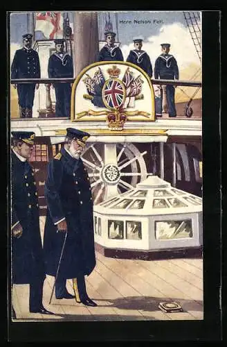 Künstler-AK Here Nelson Fell, an Deck eines englischen Kriegsschiffs