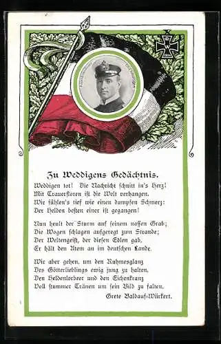 AK Gedicht Zu Weddigens Gedächtnis, Portrait des Kapitänleutnanten des U-Bootes U9 Otto Weddigen