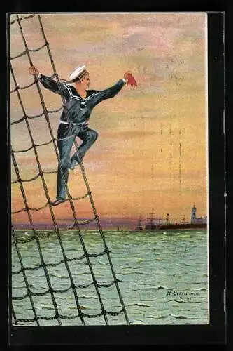 Künstler-AK Matrose winkt aus den Wanten eines Kriegsschiffes