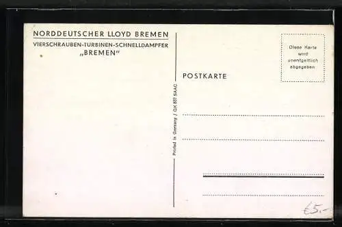 AK Vierschrauben-Turbinen-Dampfer Bremen, Norddeutscher Lloyd