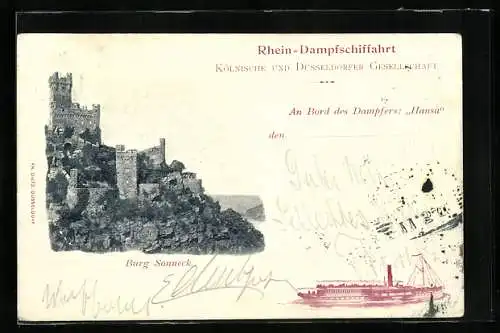 AK Rhein-Dampfschiffahrt, An Bord des Dampfers Hansa, Burg Sonneck