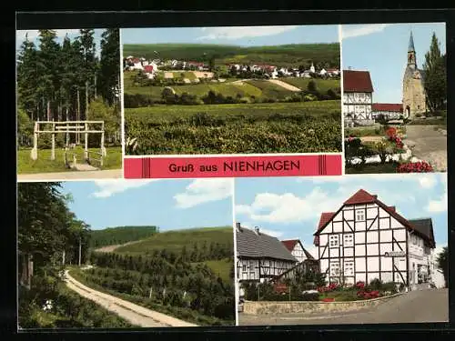 AK Nienhagen / Hann. Münden, Strassenpartie mit Geschäft Hartwig Pfeiffer, Blick zur Kirche, Waldweg