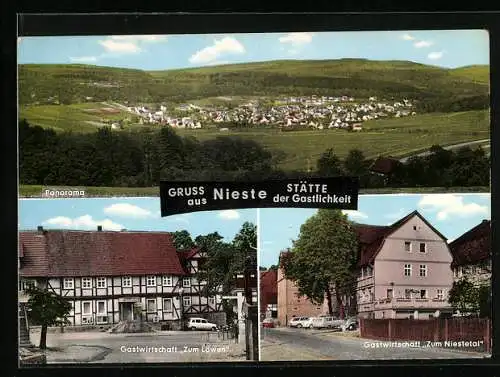 AK Nieste bei Kassel, Gasthaus zum Löwen, Gasthof zum Niestetal, Panorama