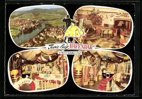 AK Nittenau / Bay. Wald, Tanz- Cafe Hafenbar, Cafe Kempf, Teilansicht mit Brücke, Blick auf die Bar