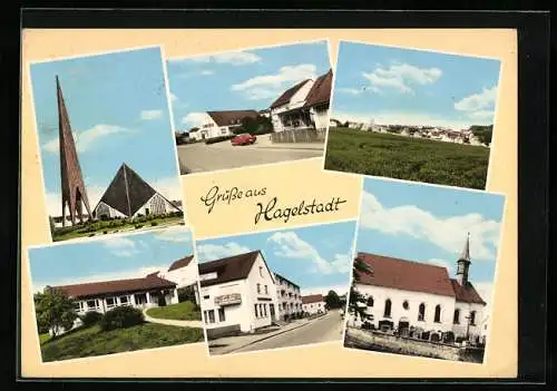 AK Hagelstadt, Strassenpartie mit Wohnhäusern, Kirche mit Friedhof, Moderne Kirche