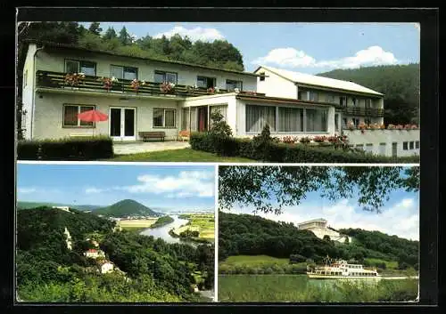 AK Donaustauf, Hotel-Pension Kurhaus Eden, Dampfer auf dem Fluss