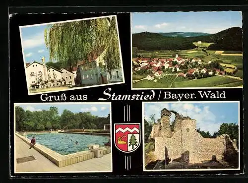 AK Stamsried /Bayer. Wald, Ruine, Schwimmbad, Ortspartie mit Denkmal, Stadtwappen