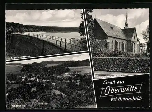 AK Oberwette bei Marienheide, Klosterkirche, Bruchertalsperre, Ortsansicht aus der Vogelschau