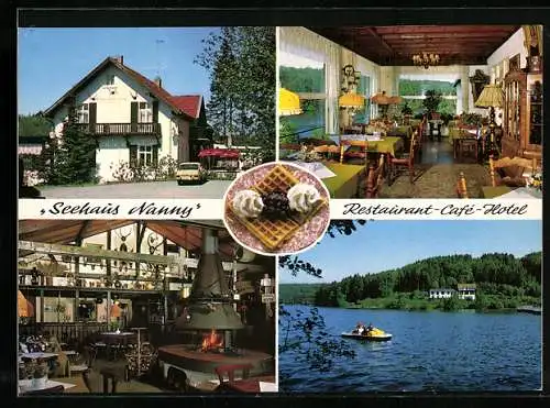 AK Marienheide a. d. Lingese-Talsperre, Hotel u. Restaurant-Café Seehaus Nanny, Motorboot auf dem See