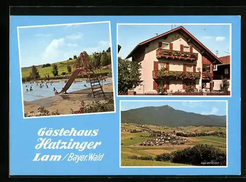 AK Lam /Bayer. Wald, Gasthaus und Hotel-Pension Hatzinger mit Schwimmbad, Lambacher Strasse 11