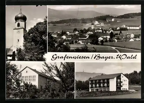AK Grafenwiesen /Bayer. Wald, Blick auf eine Hotel-Pension, Kirche, Ortsansicht
