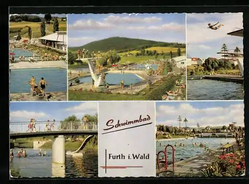 AK Furth i. Wald, Freibad mit Sprungturm, Brücke, Badegäste im Becken
