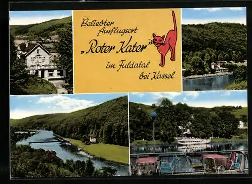 AK Fuldatal b. Kassel, Gasthaus Roter Kater, mit Terrasse am Fluss, Flussszenen, Inh. Wilhelm Frosch