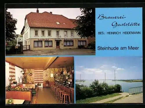 AK Steinhude am Meer, Die Brauerei-Gaststätte Heinrich Heidemann mit Innenansicht, Braustrasse 14