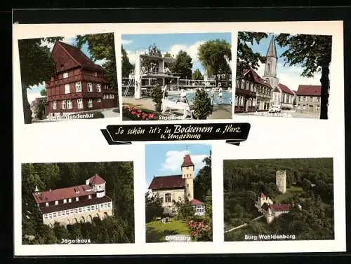AK Bockenem a. Harz, Jägerhaus, Dillsburg, Burg Wohldenberg, Stadtbad, Superintendentur, Kirche