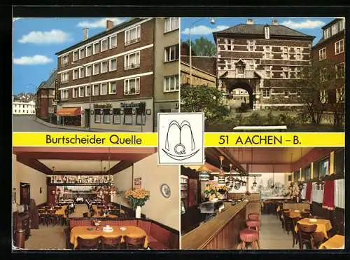 AK Aachen-B., Das Restaurant Burtscheider Quelle mit Innenansichten, Kapellenstr. 1-3