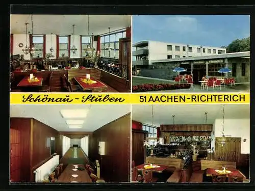 AK Aachen-Richterich, Das Restaurant Schönau-Stuben mit Speiseräumen und Kegelbahn, Rathausplatz 5