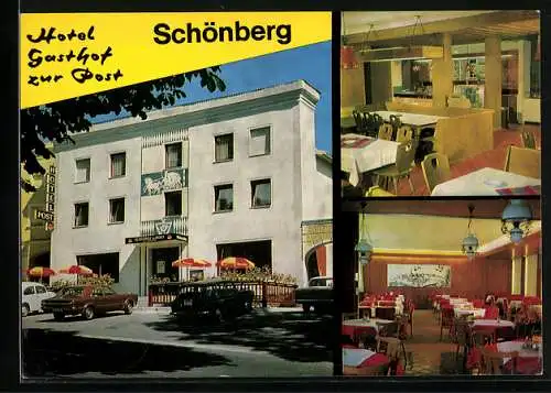 AK Schönberg / Bayer. Wald, Hotel Gasthof zur Post, mit Innenansichten, Marktplatz 19, Inh. Franz und Maria Sigl
