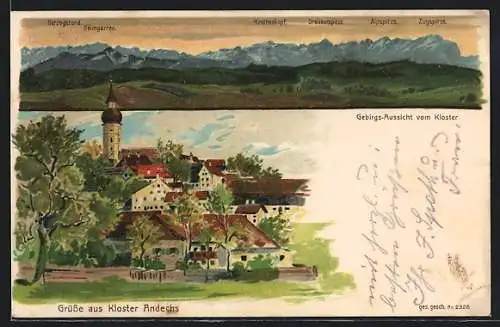 AK Andechs, Ortsansicht mit Kloster, Gebirgsaussicht vom Kloster mit Alpspitze, Zugspitze, Krottenkopf